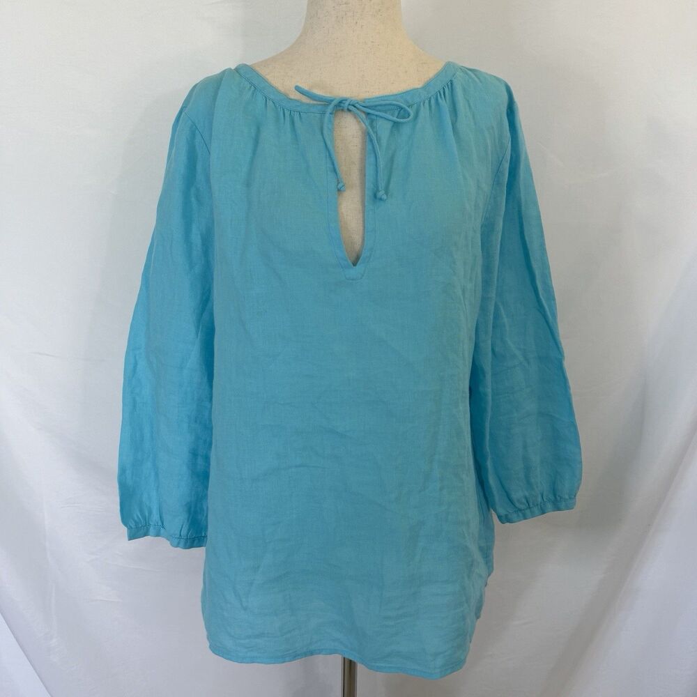 Eileen Fisher Women's Size SMALL Tunic Top Blouse Blue Irish Linen Tie Keyhole
